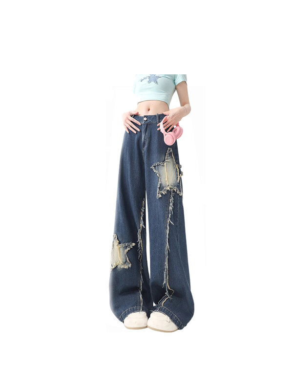Jeans estrela azul feminina, Harajuku Y2K, japonês, estilo anos 2000, calça jeans larga, roupas da moda vintage, 2024