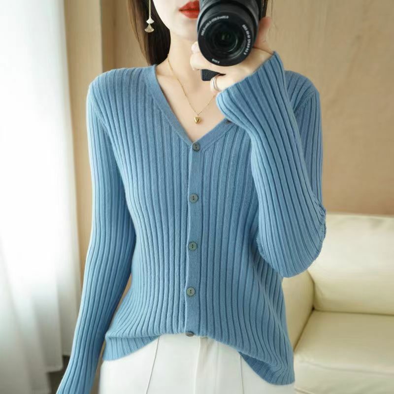 Kardigan Wanita Musim Semi Musim Gugur Sweter Rajut Tebal Medium Atasan Serba Guna Korea Potongan Leher V Jaket Lengan Panjang Longgar Kasual