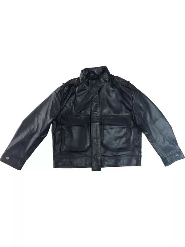 Women's Sheepskin Motorcycle Jacket, Loose Large Size Jacket, Stand Collar, Big Pockets, Fashion Tops, Boyfriend
