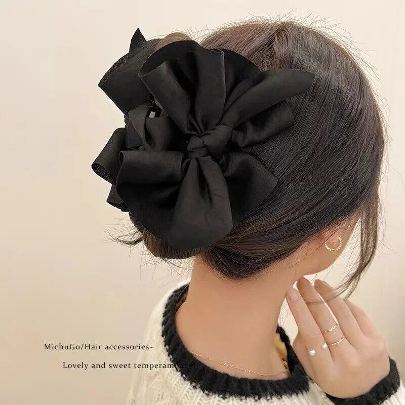 Personalizado cetim dobrado grampo de cabelo para mulheres, elegante volta cabeça pan grampo de cabelo, arco preto, luxo leve Grab