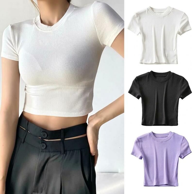Женский модный топ, эластичный укороченный топ с круглым вырезом для женщин, облегающая однотонная Мягкая футболка с коротким рукавом