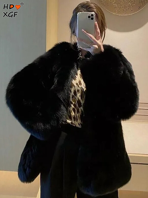 여성용 두꺼운 블랙 인조 여우 인조 모피 재킷, 한국 패션, 겨울 V넥, 루즈한 따뜻한 가디건, 우아한 럭셔리 긴팔 탑