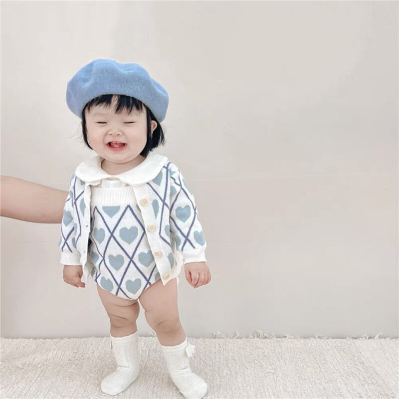2022 autumn winter children's suit baby love jacquard baby romper + coat baby 2-piece set