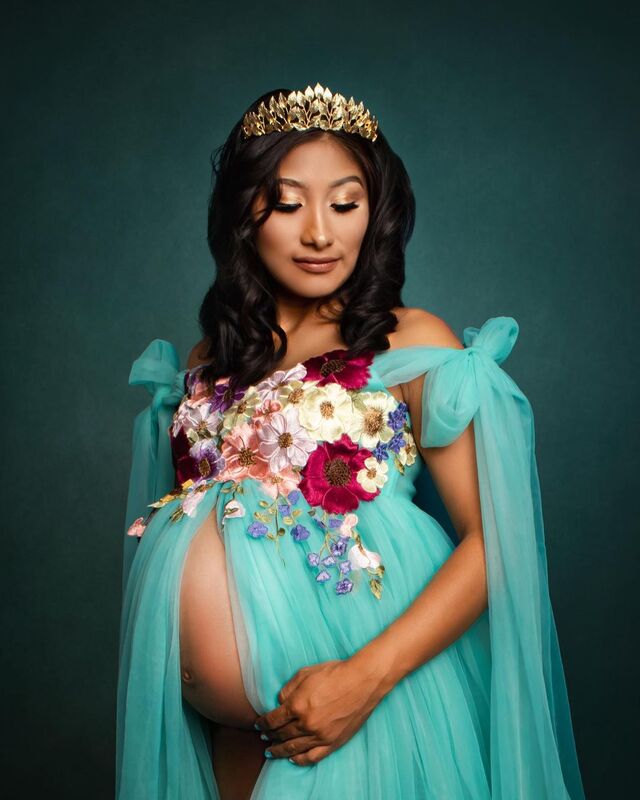 Dress bersalin bayi, Gaun fotografi jala halus biru bordir untuk pengambilan foto ukuran besar Tulle untuk wanita hamil 2024