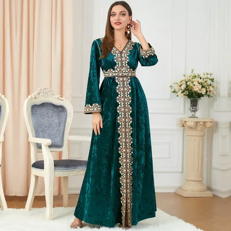 Vestido bordado veludo muçulmano para mulheres, fenda fashion, mangas compridas, luxo acessível, indiano