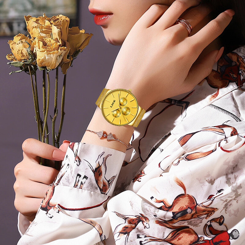 Lige clássico feminino rosa ouro topo marca de luxo laides vestido negócios moda casual relógios à prova dwristwatch água quartzo calendário relógio pulso
