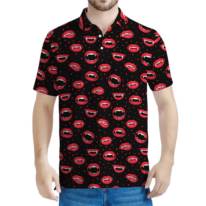 Halloween Vampire Bat Pattern Polo Shirt For Men Summer 3D Printed Red Lips Short Sleeves Tops Cool Lapel Tees Button T-shirt