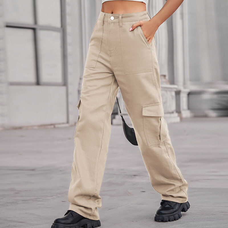 女性のヴィンテージワイドレッグカーゴパンツ、y2kストリートウェア、バギースウェットパンツ、カジュアルボタン、特大ポケット、ハイテクファッションパンツ
