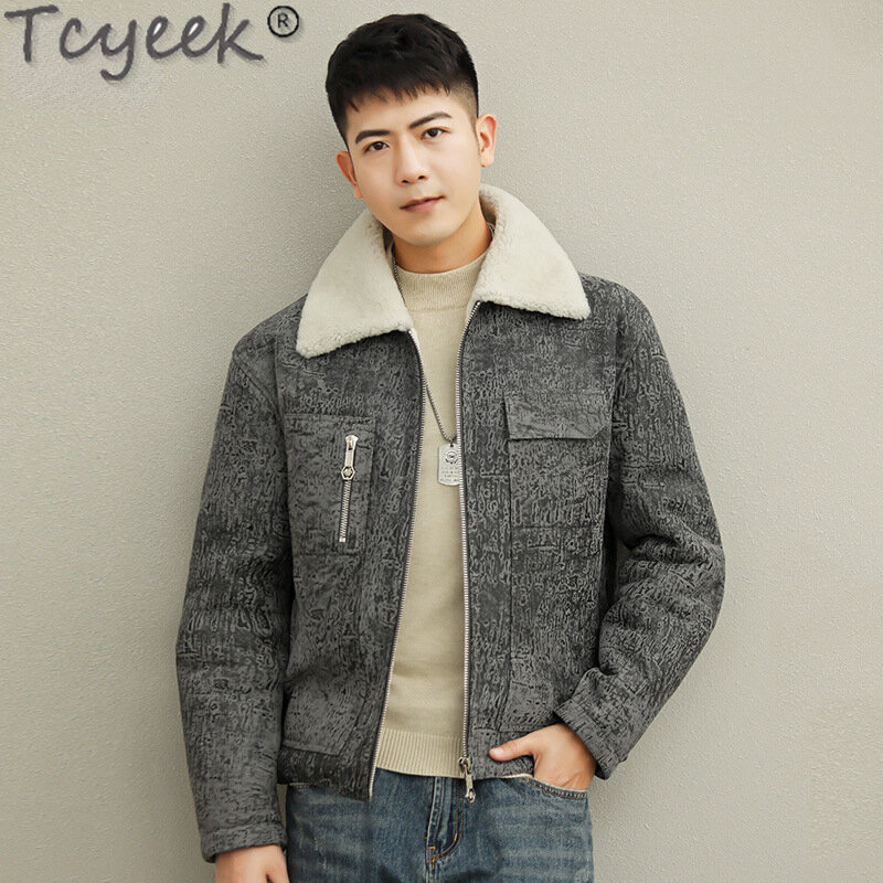 Tcyeek-Manteau en peau de mouton naturelle pour hommes, veste en cuir véritable, vestes de moto pour hommes, manteau en laine et fourrure véritable, vêtements d'hiver, mode