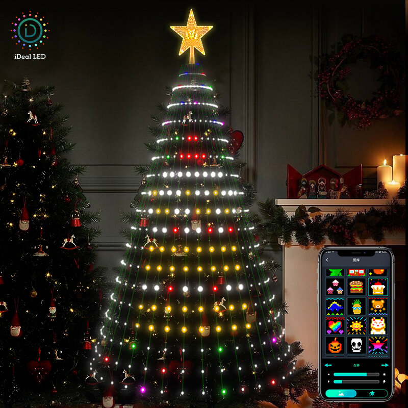 스마트 크리스마스 트리 토퍼 조명, 앱 DIY 사진 LED RGB 스트링 라이트, 블루투스 제어, LED 스타 스트링, 폭포 크리스마스