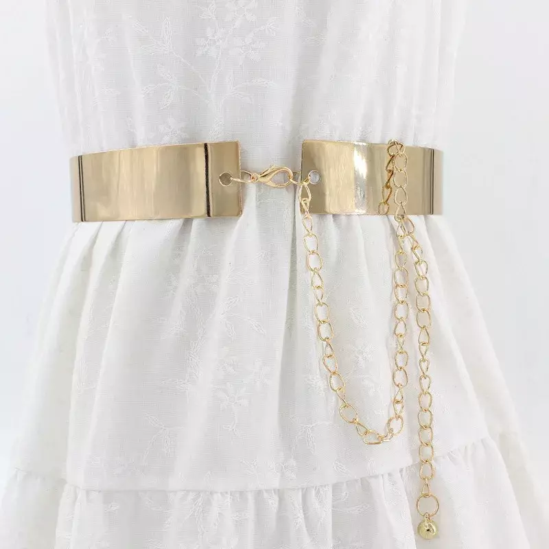 New Women Adjustable Metal Designer Belt Fashion Ladies Dress Luxury Bling Gold Silver Mirror Vintage Waistband with Waist Chain