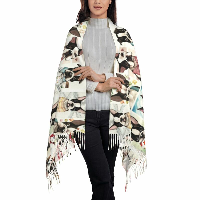女性のための豪華なボストンテリアのスカーフ,かわいい犬のパターン,タッセル,暖かいショール,冬