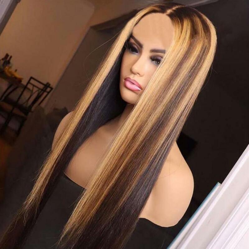 72cm Women Long Straight Wig Middle Part Silky HD Wig Ladies Highlight Long Curly Glueless High Temperature Fiber Synthetic Hair