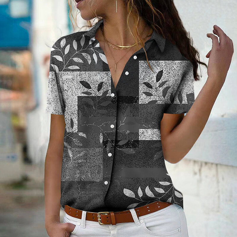 Женская блузка с 3D-принтом в виде листьев, элегантная уличная рубашка в стиле ретро с коротким рукавом, женские летние топы большого размера на пуговицах, свободные рубашки
