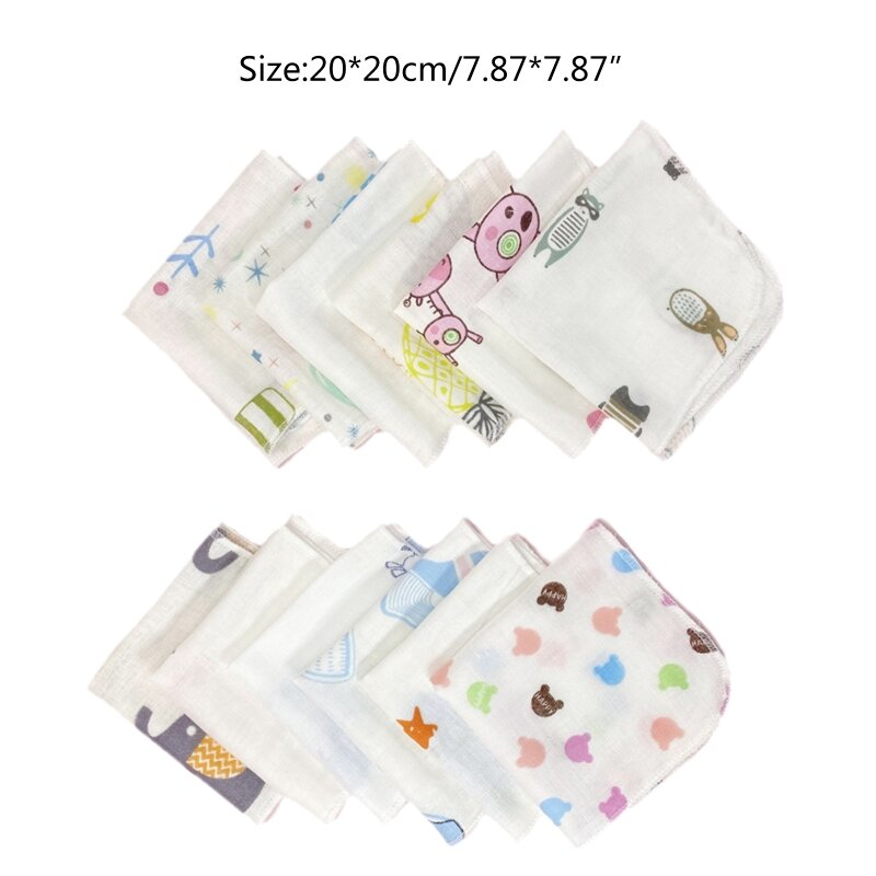 10 sztuk 20x20cm zestaw myjek dla dzieci uroczy nadruk kreskówkowy dwuwarstwowa gaza ręcznik do twarzy dla niemowląt chusteczki