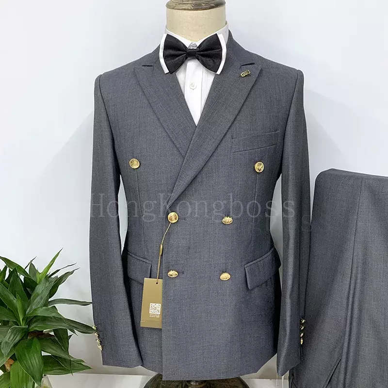 2023 New Men Casual Boutique Business Slim Solid Color Double Breasted Formal Suit 2 Pcs Set Dress Blazers Jacket Pants Trousers