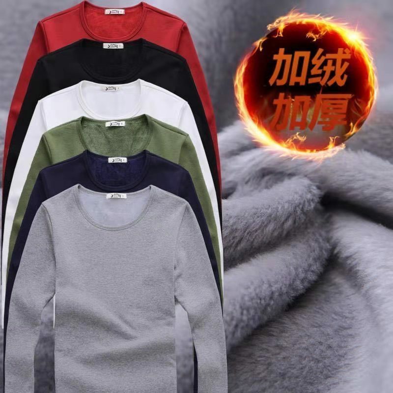 2PCS Spring Autumn Mens Warm Thermal Man Long Sleeve Casual V Neck Velvet Thick Plus Thick T-Shirt For 100kg