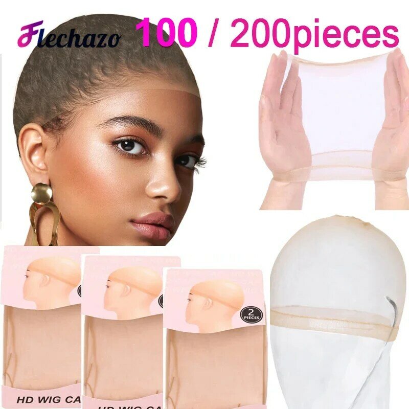 Gorro de peluca HD de 100/200 piezas para mujer, transparente, ultrafino, con malla frontal, elástico, de nailon