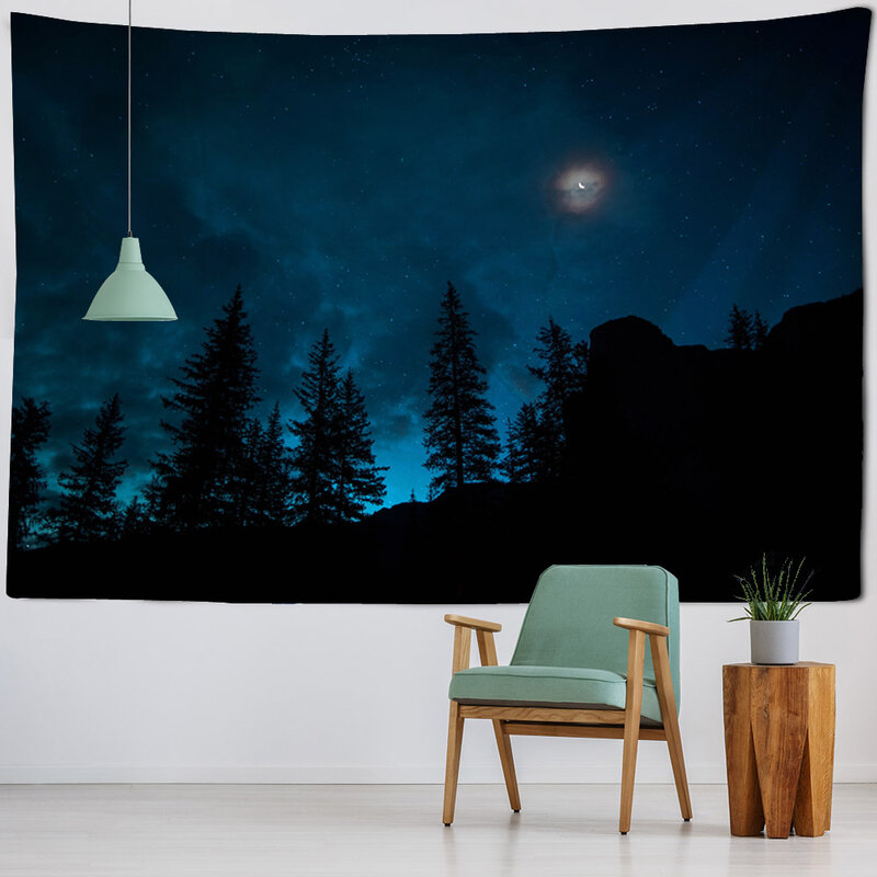 Tapiz de cielo estrellado para colgar en la pared, tela de fondo con estampado de paisaje de bosque nocturno, decoración artística para sala de estar y dormitorio
