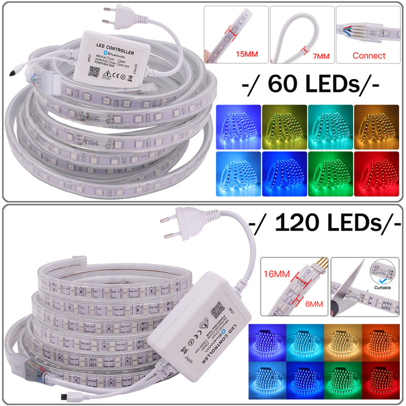 블루투스 LED 스트립 빛 AC 220V110V SMD5050 RGB 유연한 LED 테이프 60LED 120LED 야외 LED 리본 App 제어 LED 로프 빛