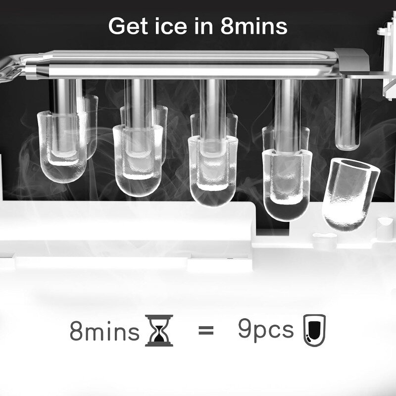Compact Portable Self-Cleaning Ice Maker Top, Prepares 9 Cubes in 8 Minutes, with Ice Scoop/Ice Basket