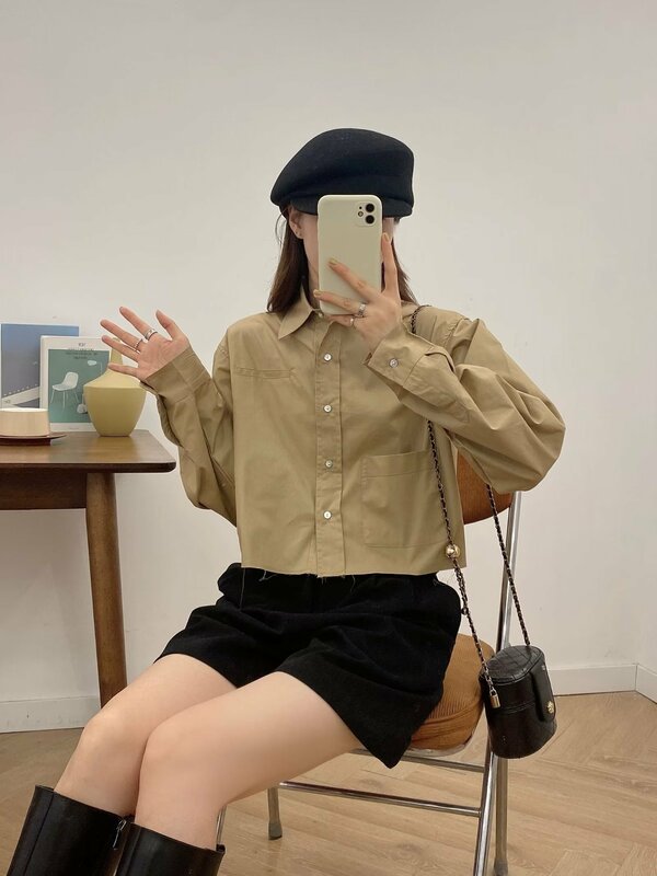 Women New Fashion Academic style Pocket decoration Cropped Casual Blouses Vintage Long Sleeve Button-up Female Shirts Chic Tops