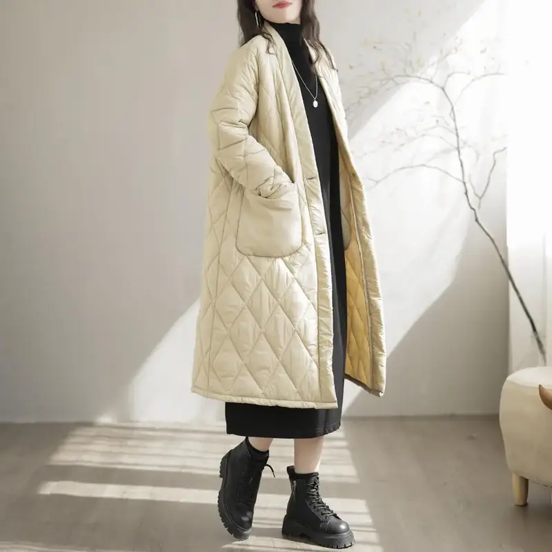Parka donna cappotto donna giacca invernale tinta unita diamante reticolo scollo a v monopetto lungo cotone imbottito giacca abbigliamento donna top