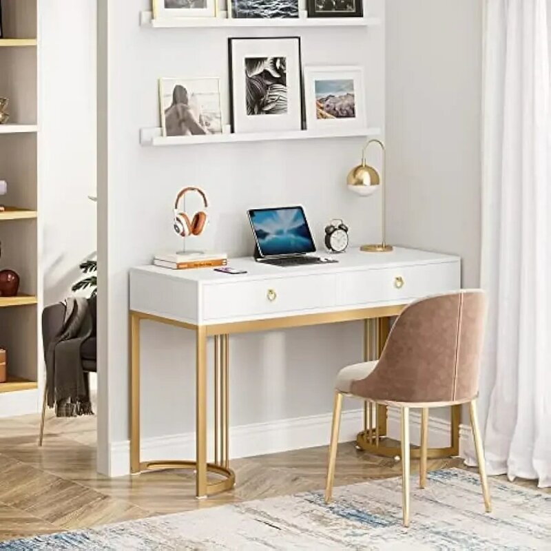 Meja komputer meja rias 47 inci putih dan emas, dengan 2 Laci, Modern sederhana putih meja rias dengan pegangan bingkai logam emas