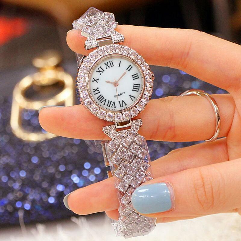 2Pcs/Set Women Bracelet Watches Steel Belt Round Dial Shiny Rhinestones Lady Quartz Wristwatch Bangle Luxury Fashion Watch