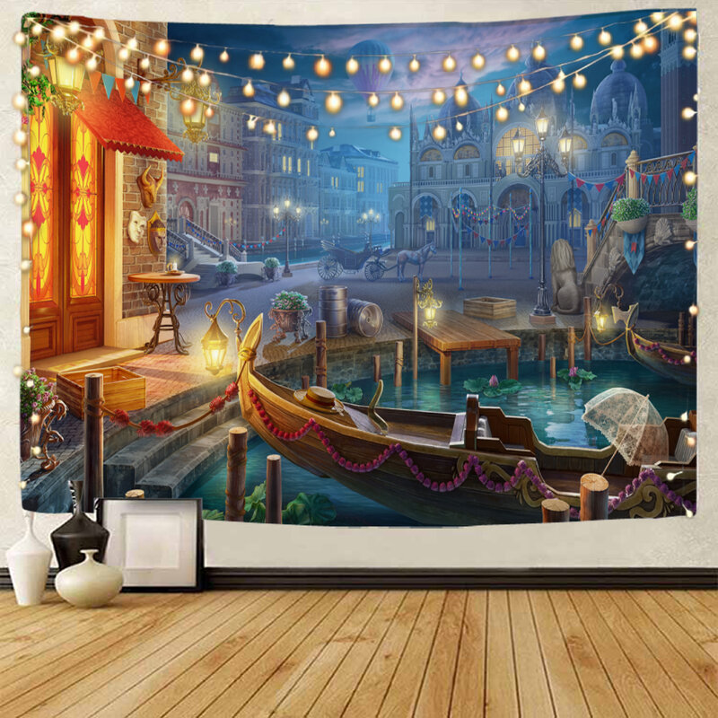Tapisserie de décoration de scène de nuit de ville d'eau de Venise, peinture de paysage, décoration de la maison