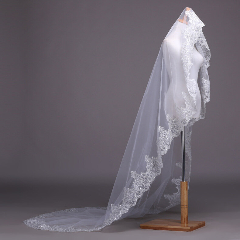 غطاء رأس للعروس أبيض مع دانتيل وترتر ، حافة دانتيل ، وشاح رأس ذيل العروس 3 أمتار ، طويل وناعم