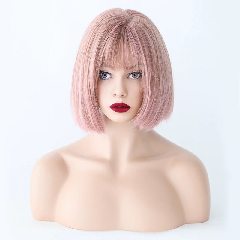 Rosa morango cabelo curto em linha reta bob peruca com franja peruca feminina resistente ao calor perucas sintéticas cosplay lolita party uso diário