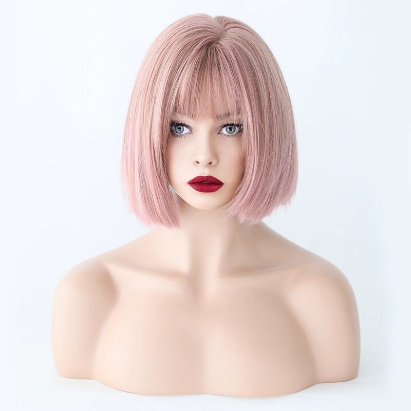 Peluca de cabello liso corto con flequillo para mujer, postizo sintético resistente al calor, color rosa fresa, para Cosplay, fiesta Lolita, uso diario