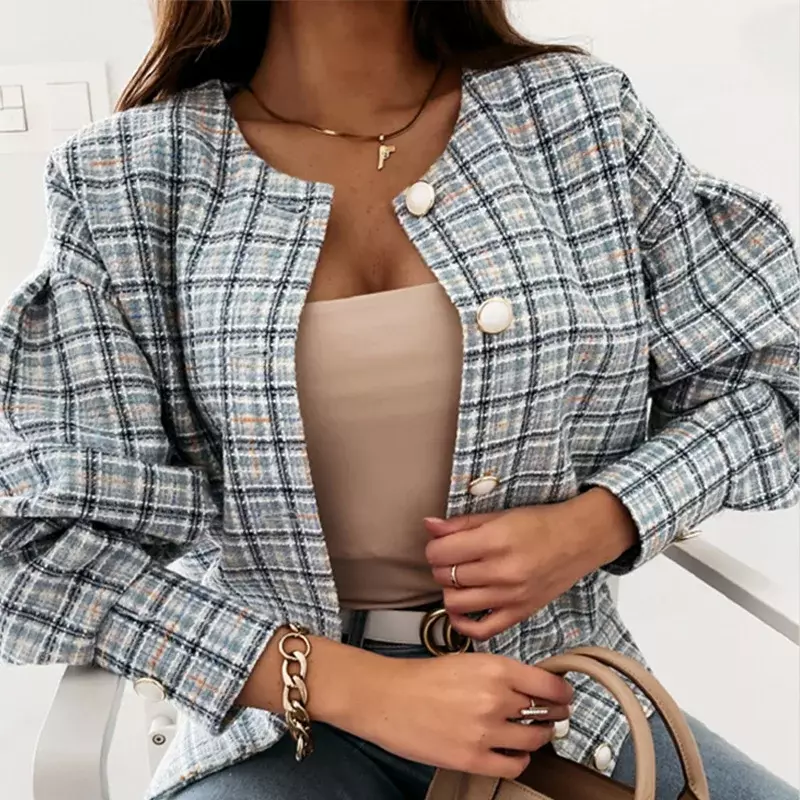 Casual Plaid Office Lady Cardigan Tops Jacket 2023 Women Fall Elegant Long Sleeve Coat Blazer Outerwear Single Breasted Button