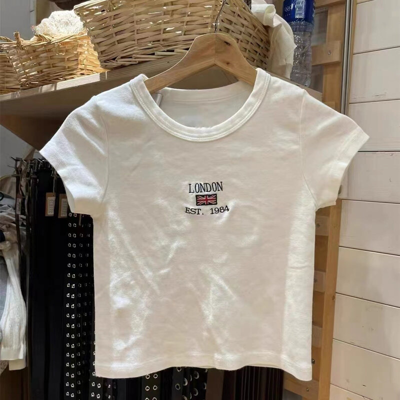 Kaus Crop Top bordir huruf seksi untuk wanita musim panas kaus ramping pendek manis wanita Kaus katun Streetwear antik 2024