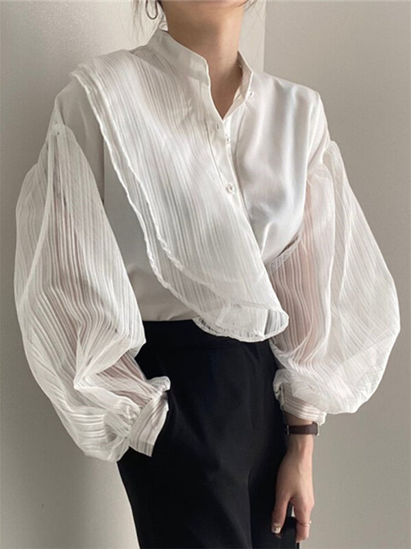 Colorfaith BL06620 New 2023 Patchwork Tulle Transparent Korean Fashion Spring Summer Blouses Chic Shirts Retro Elegant Lady Tops