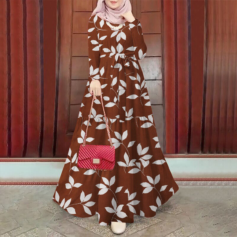 Women Muslim Abaya Kaftan Long Shirt Dress Y2K INS Long Sleeve Floral Print Retro Casual Tunic Maxi Dress