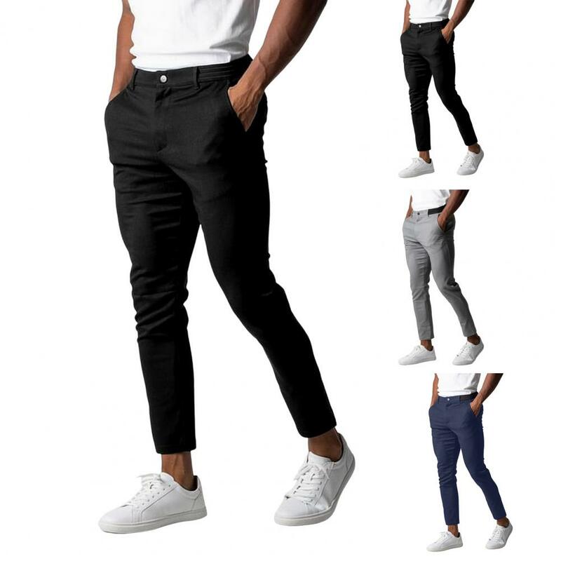 Celana panjang bisnis pria, kasual elegan Slim Fit dengan pinggang elastis kancing penutup kantong warna Solid untuk kenyamanan