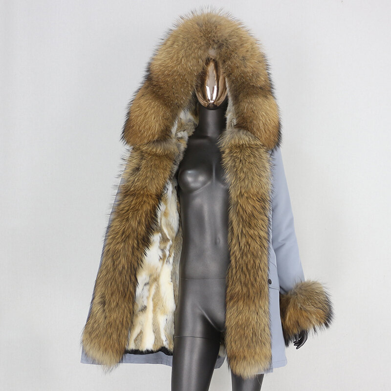 毛皮のようなウサギの毛皮のコート,女性の冬の防水ジャケット,長いウサギの毛皮のコート,アライグマの毛皮の襟,フードの暖かいストリートウェア2023