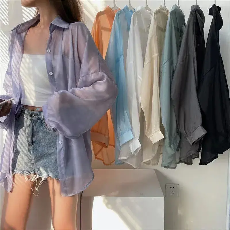 여성용 긴 소매 코트 레이디 자외선 차단 셔츠, 여성 캐주얼 루즈 셔츠, 얇은 투명 블라우스, 2023 여름 블루 의류, 소녀