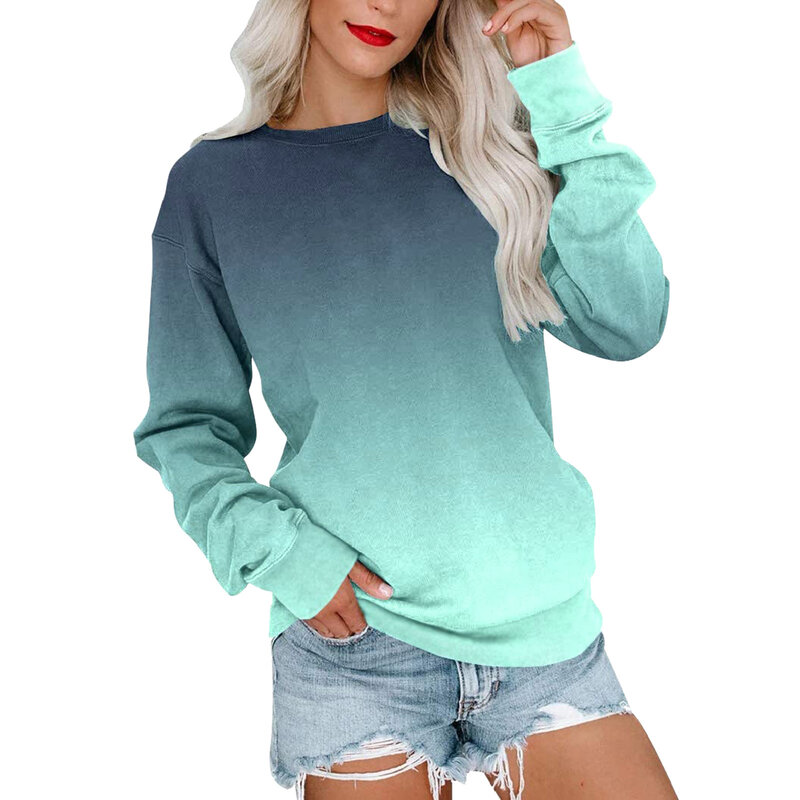 Suéter feminino casual com gola redonda, suéter gradiente, impresso em 3D, monocromático, inverno