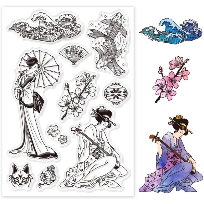 PandaHall-sellos transparentes de silicona de estilo Oriental, sello de goma con flores de cerezo, ukiyo-e