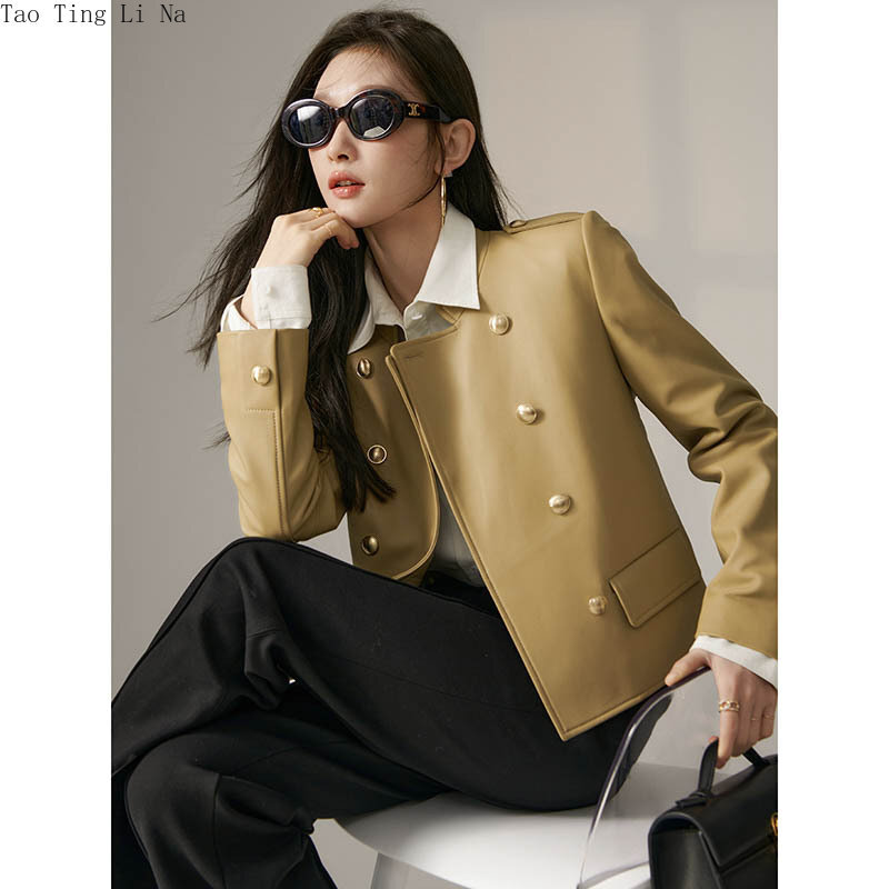 2023 donne nuova giacca in vera pelle di pecora di alta qualità con bottone dorato piccolo cappotto in vera pelle di montone W18