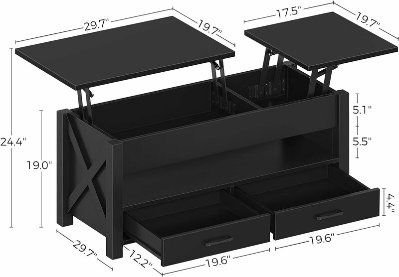 Mesa de centro de 47,2 "con 2 cajones de almacenamiento y compartimento oculto, soporte para granja de madera, Retro