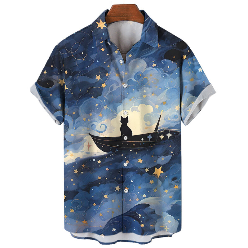 قميص رجالي هاواي مطبوع عليه قطة ، أكمام قصيرة ، قمصان فضفاضة كبيرة الحجم ، نمط تجريدي ، قمم شاطئ صيفية ، كاجوال ، صيفي ،