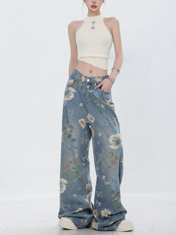 Pantalones vaqueros con estampado Floral para mujer, vaqueros de pierna ancha, estilo coreano, Hip Hop, 2024