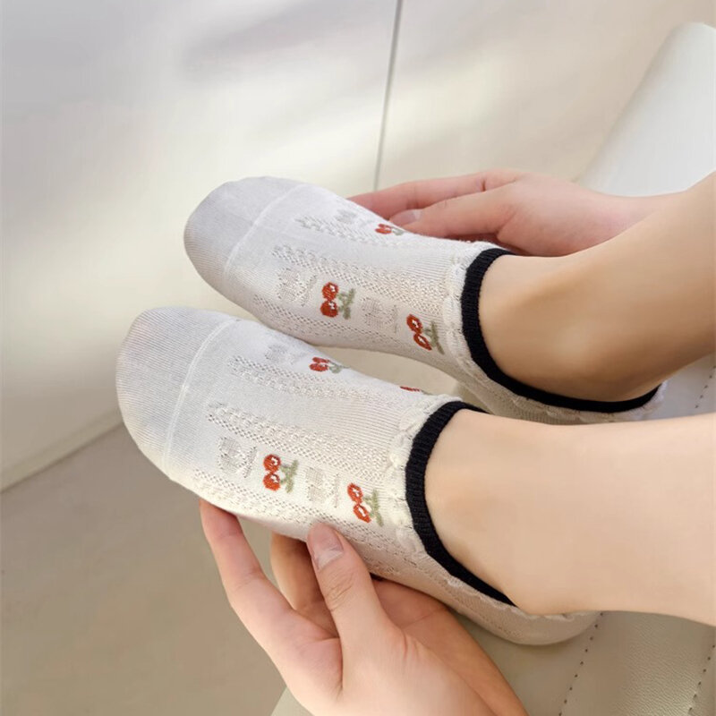 5 pairs of lovely cherry print invisible socks White women Summer thin mesh breathable women's cotton  socks  cotton New style