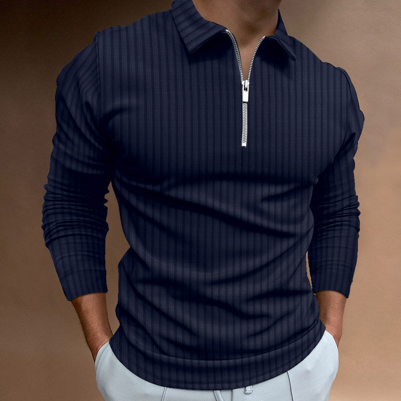 Autumn Men's Stripe Long Sleeve Polo Shirt Men Solid Turn-Down Collar Zipper T Shirt Slim Tops Street Wear Casual Fashion Polo