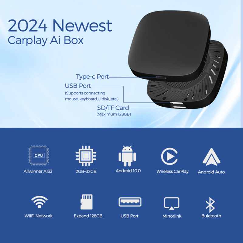 Caixa de TV inteligente sem fio Android Auto, Carplay AI Box, Sistema Inteligente, Mazda, Volvo, Benz, Toyota, Kia, Ford, 10.0, 2024