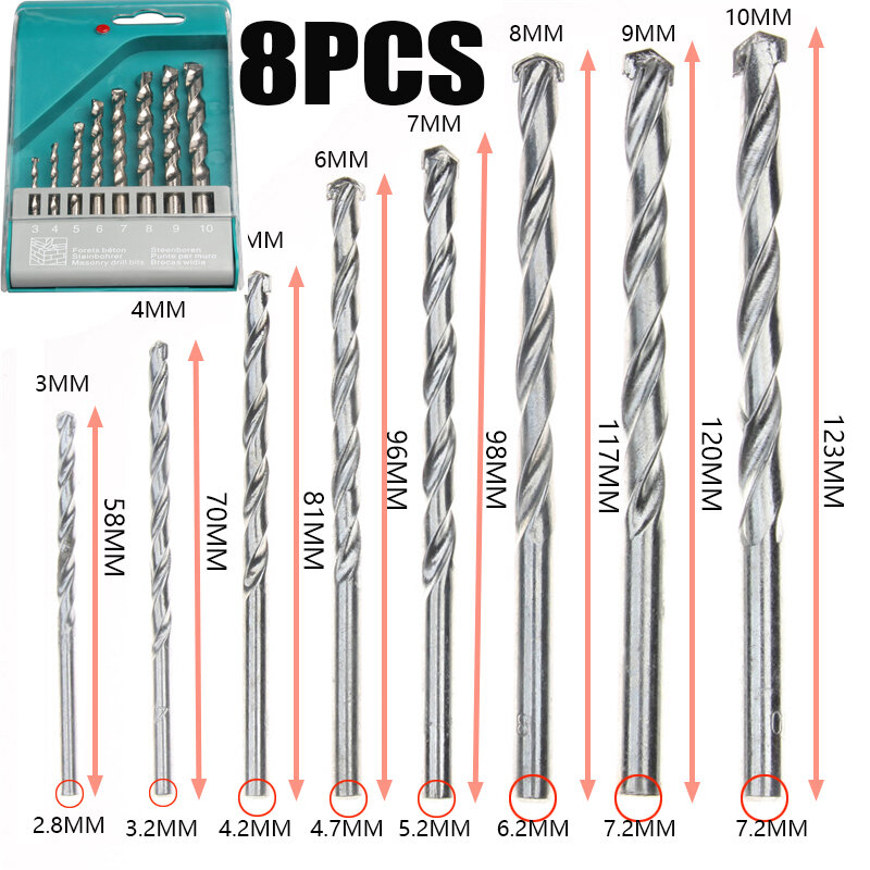 8pcs Drill Bit For Brick Wall Concrete Architecture HSS Masonry Drill Bit 3/4/5/6/7/8/9/10mm Twist Drilling Power Tools Kit